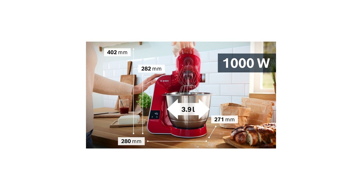 Bosch Home MUM5X720 Küchenmaschine rot/silber, 1.000 Watt, integrierte  Waage, Serie 4