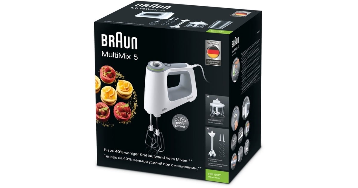 Braun Handmixer MultiMix 5 weiß/grau, 750 Watt, mit Mixfuß, Becher und Zerkleinerer