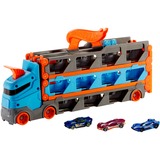 Hot Wheels 2-in-1 Rennbahn-Transporter mit 3 Fahrzeugen im Maßstab 1:64, Spielfahrzeug blau/orange