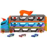 Hot Wheels 2-in-1 Rennbahn-Transporter mit 3 Fahrzeugen im Maßstab 1:64, Spielfahrzeug blau/orange