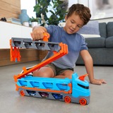 Hot Wheels 2-in-1 Rennbahn-Transporter mit 3 Fahrzeugen im Maßstab 1:64, Spielfahrzeug blau/orange