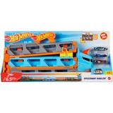 Hot Wheels 2-in-1 Rennbahn-Transporter mit 3 Fahrzeugen im Maßstab 1:64, Spielfahrzeug blau/orange