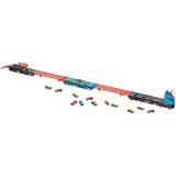 Hot Wheels 2-in-1 Rennbahn-Transporter mit 3 Fahrzeugen im Maßstab 1:64, Spielfahrzeug blau/orange