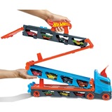 Hot Wheels 2-in-1 Rennbahn-Transporter mit 3 Fahrzeugen im Maßstab 1:64, Spielfahrzeug blau/orange