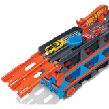 Hot Wheels 2-in-1 Rennbahn-Transporter mit 3 Fahrzeugen im Maßstab 1:64, Spielfahrzeug blau/orange