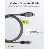 goobay Ethernet-Kabel USB-C 3.2 Gen2 Stecker > RJ-45 Stecker, LAN-Adapter schwarz/silber, 1,5 Meter, geflochtener Textilmantel