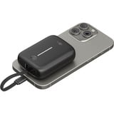 goobay Powerbank 10.000 mAh, integriertes USB-C Kabel 13cm, 20 Watt schwarz, 10 Ah, 1x USB-A, 2x USB-C, PD, QC