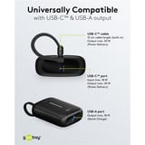 goobay Powerbank 10.000 mAh, integriertes USB-C Kabel 13cm, 20 Watt schwarz, 10 Ah, 1x USB-A, 2x USB-C, PD, QC