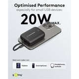 goobay Powerbank 10.000 mAh, integriertes USB-C Kabel 13cm, 20 Watt schwarz, 10 Ah, 1x USB-A, 2x USB-C, PD, QC