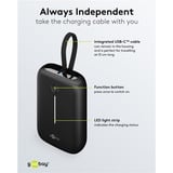 goobay Powerbank 10.000 mAh, integriertes USB-C Kabel 13cm, 20 Watt schwarz, 10 Ah, 1x USB-A, 2x USB-C, PD, QC