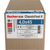 fischer Spanplattenschraube ClassicFast II 4,0x45 Senkkopf TX 1000 Stück, mit Vollgewinde, verzinkt