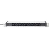 Digitus Steckdosenleiste 19" PDU mit Aluminiumprofil, 12-fach C13 schwarz/aluminium, 2 Meter Kabel, 1 HE, 1-phasig 16A, Schutzkontaktstecker