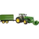 bruder 03155 John Deere 7R 350 mit Frontlader und Tandemachstransportanhänger, Modellfahrzeug grün