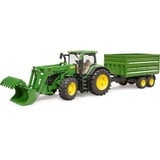 bruder 03155 John Deere 7R 350 mit Frontlader und Tandemachstransportanhänger, Modellfahrzeug grün