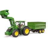 bruder 03155 John Deere 7R 350 mit Frontlader und Tandemachstransportanhänger, Modellfahrzeug grün