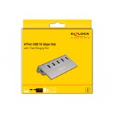 DeLOCK USB 10 Gbps Hub mit 4 USB Typ-A Ports + 1 Schnellladeport, USB-Hub grau, inkl. Netzteil