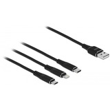 DeLOCK USB Ladekabel, USB-A Stecker > USB-C + Micro USB + Lightning Stecker schwarz, 1 Meter, gesleevt, nur Ladefunktion