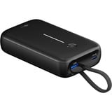 goobay Powerbank 20.000 mAh, integriertes USB-C Kabel 13cm, 30 Watt schwarz, 20 Ah, 1x USB-A, 2x USB-C, PD, QC