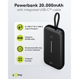 goobay Powerbank 20.000 mAh, integriertes USB-C Kabel 13cm, 30 Watt schwarz, 20 Ah, 1x USB-A, 2x USB-C, PD, QC