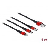 DeLOCK USB Ladekabel, USB-A Stecker > 2x USB-C + Lightning Stecker schwarz/rot, 1 Meter, gesleevt, nur Ladefunktion