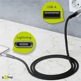 goobay USB 2.0 Adapterkabel, USB-A Stecker > Lightning Stecker grau/silber, 2 Meter, gesleevt, Metallstecker