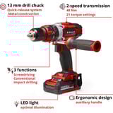 EINHELL Power X-Change Akku-Schlagbohrschrauber TE-CD 18/48 Li, 18Volt schwarz, 2x Li-Ionen Akku 2,0Ah