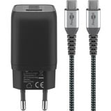 goobay USB-C Schnellladegerät Nano, PD, GaN, 65 Watt, USB-C Textilkabel schwarz, 1x USB-A, 2x USB-C PD, Quick Charge 3.0, 1 Meter Kabel