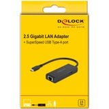 DeLOCK USB 3.2 Gen 1 Adapter, USB-C Stecker > RJ-45 + USB-A Buchse schwarz, 15cm, Gigabit LAN