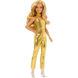 Mattel Barbie Fashionistas petite Körpergröße, welliges blondes Haar, goldener Jumpsuit, Puppe 