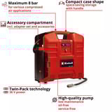 EINHELL Akku-Koffer-Kompressor TE-AC 36/8 Li OF Set - Solo, 36Volt (2x18V) rot, ohne Akku und Ladegerät