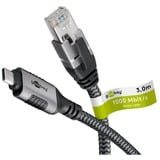 goobay Ethernet-Kabel USB-C 3.2 Gen2 Stecker > RJ-45 Stecker, LAN-Adapter schwarz/silber, 3 Meter, geflochtener Textilmantel