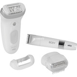 Braun Silk-épil 7 7-441, Epiliergerät weiß/silber, inkl. Rasieraufsatz, Trimmeraufsatz, Hautkontaktaufsatz, Mini-Körpertrimmer, Tasche, Reinigungsbürste, Ladekabel