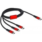 DeLOCK USB Ladekabel, USB-C Stecker > Micro-USB + USB-C + Lightning Stecker schwarz/rot, 1 Meter, gesleevt, nur Ladefunktion