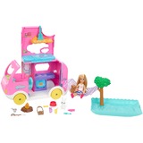 Mattel Barbie Chelsea 2-in-1 Camper, Spielfahrzeug mit 1 Puppe, 2 Haustieren und 15x Zubehör