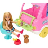 Mattel Barbie Chelsea 2-in-1 Camper, Spielfahrzeug mit 1 Puppe, 2 Haustieren und 15x Zubehör