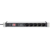 Digitus 19" Steckdosenleiste mit Aluminiumprofil, 5-fach, 1HE schwarz/aluminium, 2 Meter Kabel, Schalter, Überspannungsschutz, Netzfilter, Stecker Typ-C