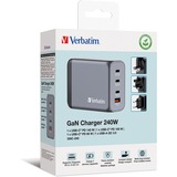 Verbatim GaN-Ladegerät 240W, 1x USB-A , 3x USB-C grau, PD 3.0, QC 3.0