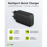 goobay USB-C Multiport-Schnellladegerät, PD, GaN, 65 Watt schwarz, 2x USB-C, 1x USB-A, Power Delivery, QuickCharge