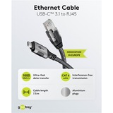 goobay Ethernet-Kabel USB-C 3.2 Gen2 Stecker > RJ-45 Stecker, LAN-Adapter schwarz/silber, 7,5 Meter, geflochtener Textilmantel