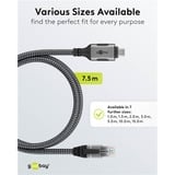 goobay Ethernet-Kabel USB-C 3.2 Gen2 Stecker > RJ-45 Stecker, LAN-Adapter schwarz/silber, 7,5 Meter, geflochtener Textilmantel