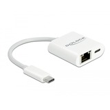 DeLOCK USB 3.2 Gen 1 Adapter, USB-C Stecker > RJ-45 Buchse + USB-C Buchse weiß, PD, Laden mit bis zu 60 Watt