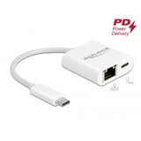 DeLOCK USB 3.2 Gen 1 Adapter, USB-C Stecker > RJ-45 Buchse + USB-C Buchse weiß, PD, Laden mit bis zu 60 Watt