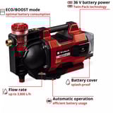EINHELL Automatische Akku-Gartenpumpe AQUINNA 36/38 F LED AUTOMATIC, 36Volt (2x18V) rot/schwarz, ohne Akku und Ladegerät