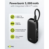 goobay Powerbank 5.000 mAh, integriertes USB-C Kabel 13cm, 20 Watt schwarz, 5 Ah, 1x USB-A, 1x USB-C, PD, QC