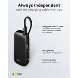 goobay Powerbank 5.000 mAh, integriertes USB-C Kabel 13cm, 20 Watt schwarz, 5 Ah, 1x USB-A, 1x USB-C, PD, QC