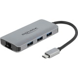 DeLOCK USB 3.2 Gen 1 Hub mit 4 Ports und Gigabit LAN und PD, Dockingstation grau