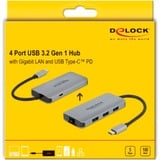 DeLOCK USB 3.2 Gen 1 Hub mit 4 Ports und Gigabit LAN und PD, Dockingstation grau