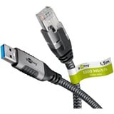 goobay Ethernet-Kabel USB-A 3.2 Gen1 Stecker > RJ-45 Stecker schwarz/silber, 1,5 Meter, geflochtener Textilmantel