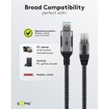 goobay Ethernet-Kabel USB-A 3.2 Gen1 Stecker > RJ-45 Stecker schwarz/silber, 1,5 Meter, geflochtener Textilmantel