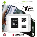 Kingston Canvas Select Plus 64 GB microSDXC, Speicherkarte schwarz, 2er-Pack, UHS-I U1, Class 10, V10, A1